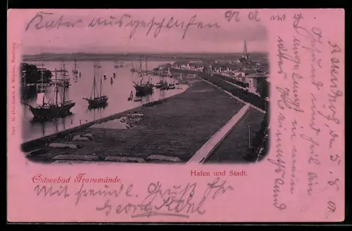 AK Travemünde, Hafen und Stadt, Rosa Papier