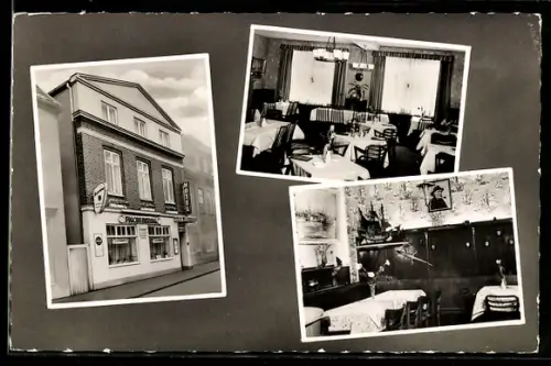 AK Travemünde, Hotel-Restaurant Fischerkrug H. Winkelmann, Vorderreihe 24, mit Innenansichten