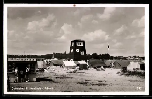 AK Travemünde, Priwall mit Kiosk und Rotkreuz-Turm