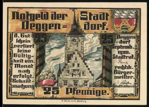 Notgeld Deggendorf 1920, 25 Pfennig, Ortsansicht mit Turm und Wappen