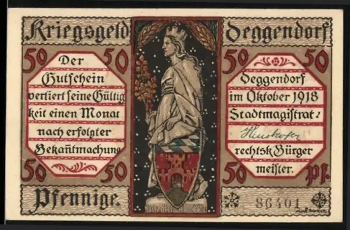Notgeld Deggendorf 1918, 50 Pfennig, Frau mit Wappen und Rathaus