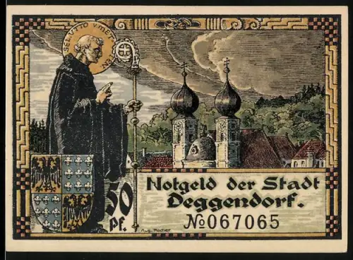 Notgeld Deggendorf 1920, 50 Pfennig, Mönch mit Stab und Ortsansicht mit Fluss und Kirchen