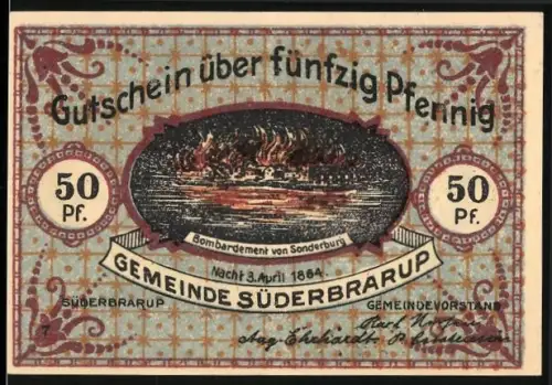 Notgeld Süderbrarup, 50 Pf, Bombardement von Sonderburg und Flüchtlinge aus Sonderburg