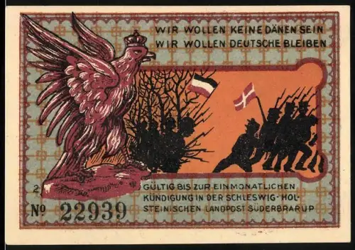 Notgeld Süderbrarup, 50 Pfennig, Adler und Karte von Schleswig-Holstein mit Ortsnamen