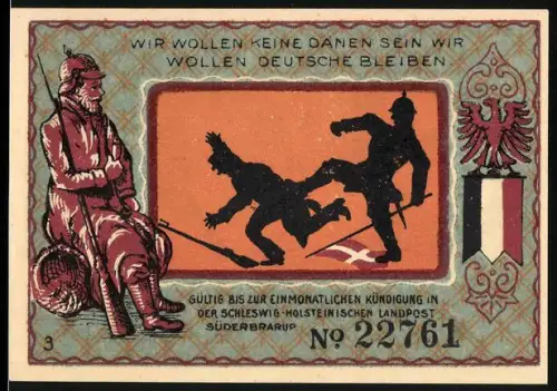 Notgeld Süderbrarup, 50 Pfennig, dänischer und deutscher Mann im Streit, Windmühle mit zwei Personen im Schnee