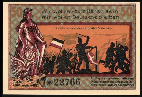 Notgeld Süderbrarup, 50 Pfennig, Erstürmung der Düppeler Schanzen, Düppel Denkmal