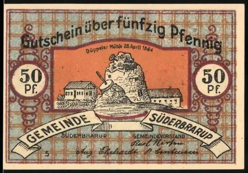 Notgeld Süderbrarup, 50 Pfennig, Schlacht bei Düppel und Missunde, historische Szenen mit Figuren und Fahnen