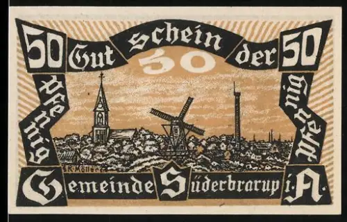 Notgeld Süderbrarup i. A. 1920, 50 Pfennig, Ortsansicht mit Kirche und Windmühle, schlafendes Schwein