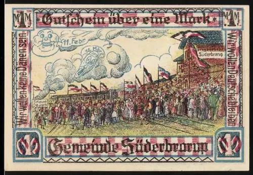 Notgeld Süderbrarup, 1 Mark, Festzug und Landschaft mit Baum und Steinen, Wappen