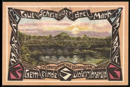 Notgeld Süderbrarup 1920, 3 Mark, Torsbergmoor mit Hünengrab und Angler Rind mit Wappen