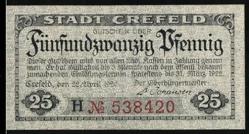 Notgeld Crefeld 1920, 25 Pfennig, Deuss Tempel im Crefelder Stadtwald, Wappen