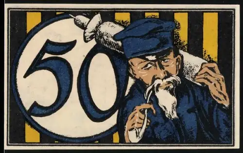 Notgeld Crefeld 1923, 50 Pfennig, alter Mann mit Pfeife und Brot, Stadtwappen
