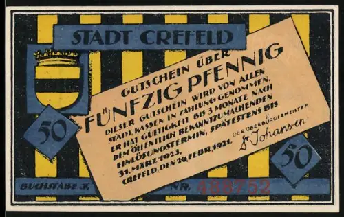 Notgeld Crefeld 1921, 50 Pfennig, Mann mit Bart und Pfeife, Wurst über Schulter, Stadtwappen