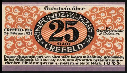 Notgeld Crefeld 1921, 25 Pfennig, Stadtsilhouette und dekoratives Muster
