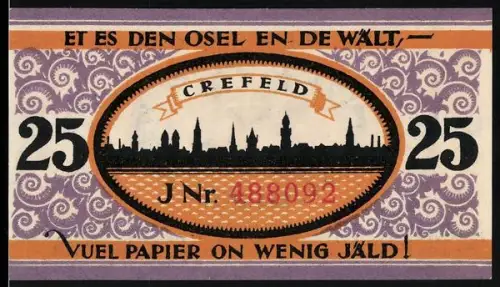 Notgeld Crefeld 1921, 25 Pfennig, Stadtsilhouette und dekoratives Muster