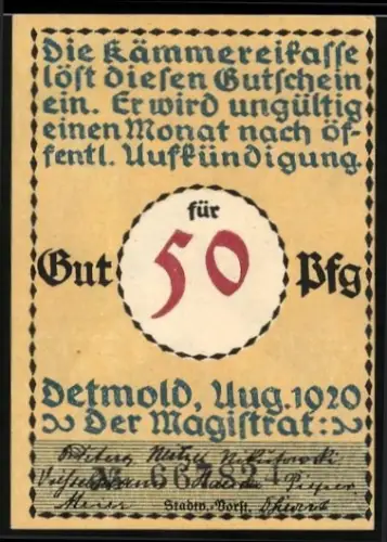 Notgeld Detmold 1920, 50 Pfennig, Soldat mit Gewehr vor Stadtsilhouette