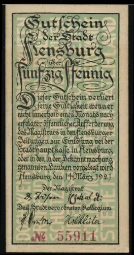 Notgeld Flensburg 1920, 50 Pfennig, Menschenmenge mit Fahnen und Kirche im Hintergrund