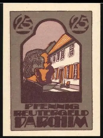 Notgeld Parchim 1922, 25 Pfennig, Mann vor Haus und Schweineherde mit Spruch