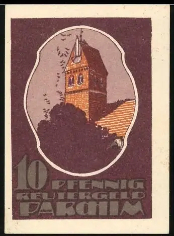 Notgeld Parchim 1921, 10 Pfennig, Kirchturm und Mann in Nachthemd