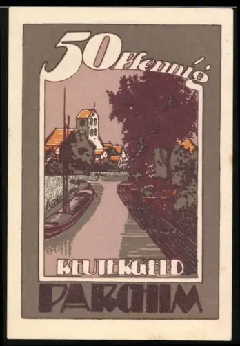 Notgeld Parchim 1922, 50 Pfennig, Landschaft mit Kirche und Mann auf Baum mit Mond und Spruch