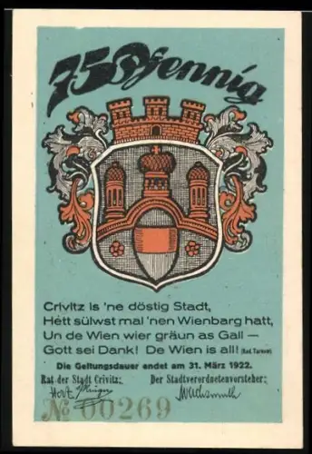 Notgeld Crivitz 1922, 75 Pfennig, Stadtwappen und Mann mit Weinglas im Weinberg
