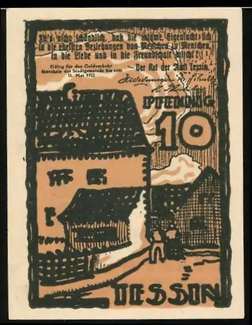 Notgeld Tessin 1922, 10 Pfennig, Gebäude und Landschaftsmotiv