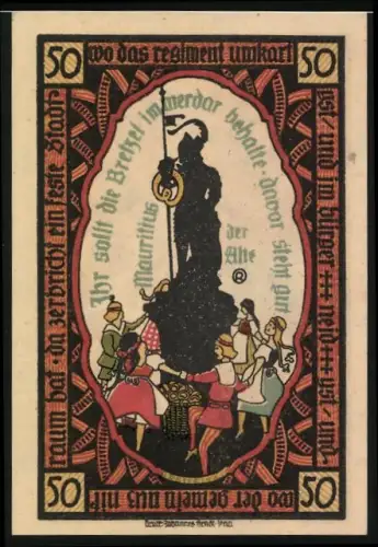 Notgeld Pössneck 1921, 50 Pf, Statue von Laurentius der Alte und tanzende Menschen, mit Wappen