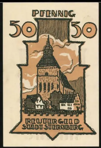 Notgeld Sternberg 1922, 50 Pfennig, Stadtturm mit umliegenden Häusern