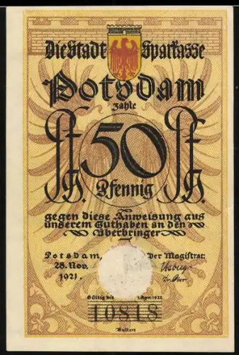 Notgeld Potsdam 1921, 50 Pfennig, Stadtwappen und Schornsteinfeger mit Musiknoten im Hintergrund