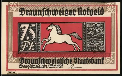Notgeld Braunschweig 1921, 75 Pf, galoppierendes Pferd und historische Ortsansicht mit Türmen und Figuren