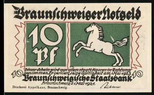 Notgeld Braunschweig 1921, 10 Pf, springendes Pferd und Fahrt in die Berge