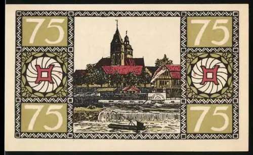 Notgeld Hameln 1921, 75 Pfennig, Ortsansicht mit Kirche und Flusslandschaft