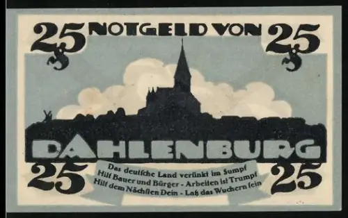 Notgeld Dahlenburg 1920, 25 Pfennig, Stadtsilhouette und Wappen