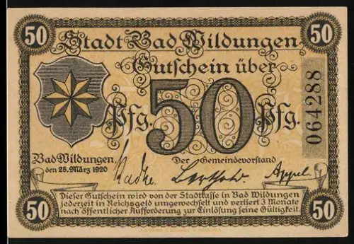 Notgeld Bad Wildungen 1920, 50 Pfennig, Stern und Heilquell-Motiv