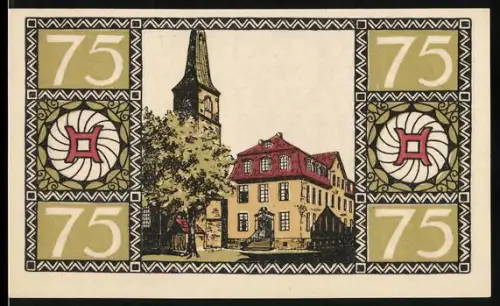 Notgeld Hameln 1921, 75 Pfennig, Ortsansicht mit Gebäude und Turm