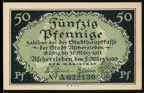 Notgeld Aschersleben 1920, 50 Pfennig, Ortsansicht mit dekorativen Blumenornamenten