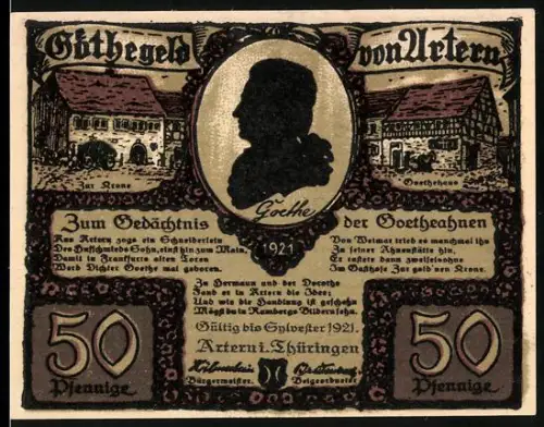 Notgeld Artern i. Thüringen 1921, 50 Pfennig, Goethe-Silhouette, Landschaft mit zwei Frauenfiguren