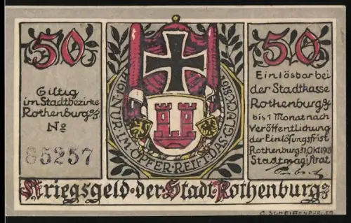 Notgeld Rothenburg, 50 Pfennig, Stadtwappen und Wächter vor Stadtszene