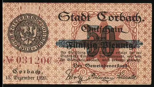 Notgeld Korbach 1920, 50 Pfennig, Kirche und Stadtwappen
