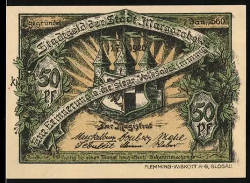 Notgeld Marggrabowa /O.-Pr. 1920, 50 Pf, Burg und Landschaft mit Adler und Sonnenaufgang