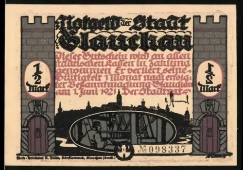 Notgeld Glauchau 1921, 1/2 Mark, mittelalterliche Silhouetten und Festungstürme