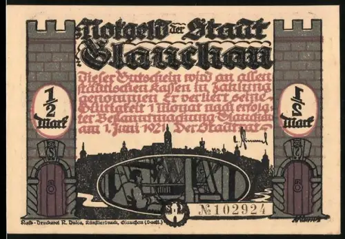 Notgeld Glauchau 1921, 1/2 Mark, Silhouetten von Soldaten und Sonnenmotiv