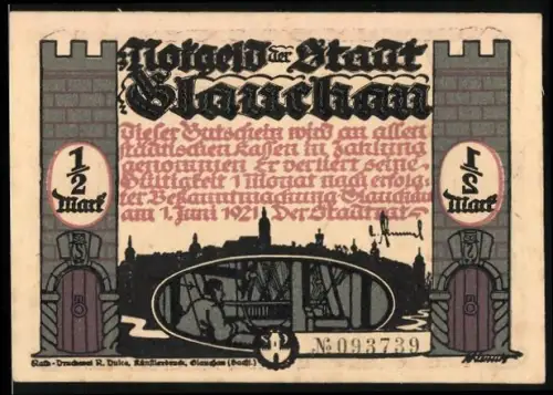 Notgeld Glauchau 1921, 1/2 Mark, Silhouetten von Wächtern und mittelalterliche Stadtszene