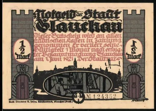 Notgeld Glauchau 1921, 1/2 Mark, Stadtmauer mit Toren und Silhouetten von Menschen unter Sonne