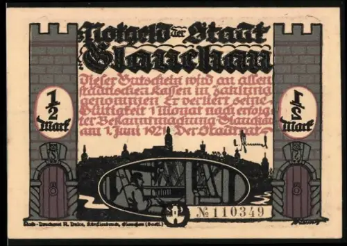 Notgeld Glauchau 1921, 1/2 Mark, Silhouetten von Figuren mit Schwert und Sonne im Hintergrund