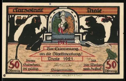 Notgeld Thale 1921, 50 Pfennig, Stadtwerdung, Wappen, Rittergut II und Kloster Wendhusen