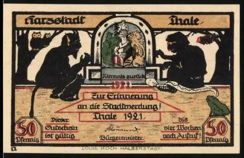 Notgeld Thale 1921, 50 Pfennig, Stadtwappen mit Teufeln und Wintersportmotif im Schnee