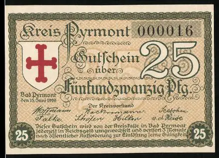Notgeld Bad Pyrmont 1919, 25 Pf, Rundtempel im Park, Wappen mit Kreuz