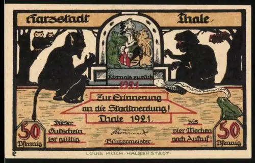 Notgeld Thale /Harz 1921, 50 Pfennig, Teufel und Mönch, Hexentanzplatz mit Hirschgrundfelsen
