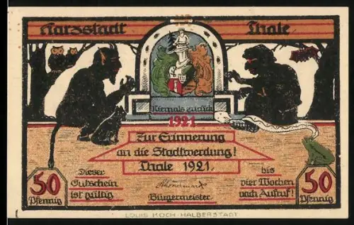 Notgeld Thale /Harz 1921, 50 Pfennig, Teufel und Engel, Hüttenverwaltungsgebäude, Kurhaus